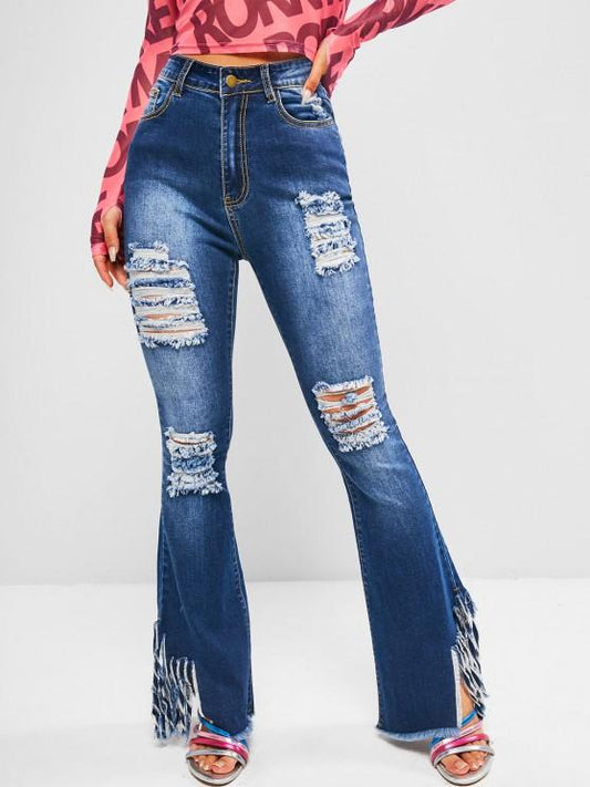 Fringed Distressed High Waisted Flare Jeans DEN210304093DEBLUS Deep Blue / S