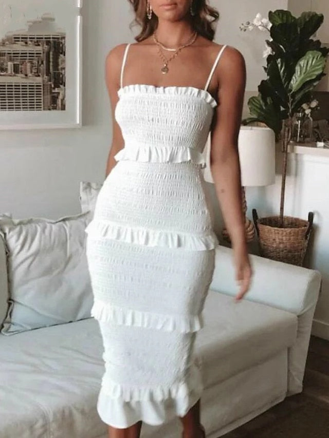 Party Dress Sheath Dress Emerald Green Dress Midi Dress Black White Pink Sleeveless Pure Color Ruched Summer Spring Strap Fashion Party Vacation Summer Dress Slim  S M L XL for Women