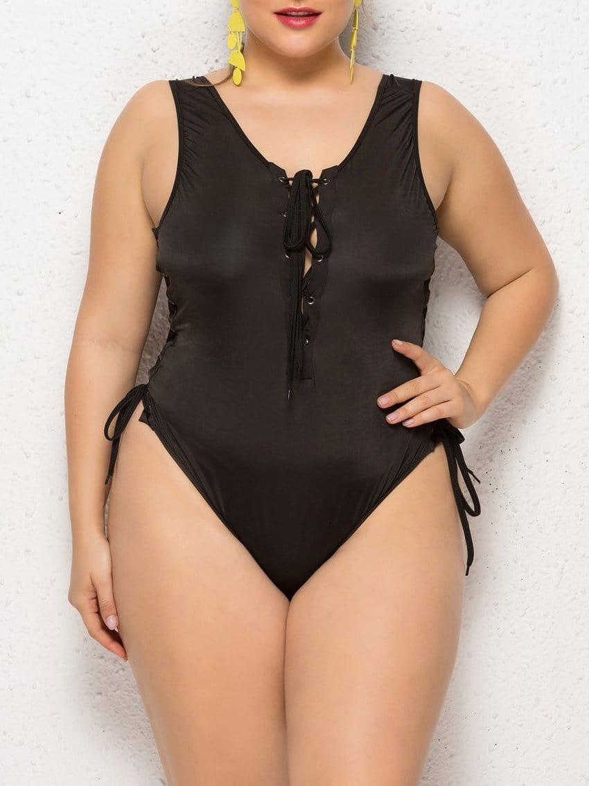 Front Cross Tie Drawstring One-piece Swimsuit