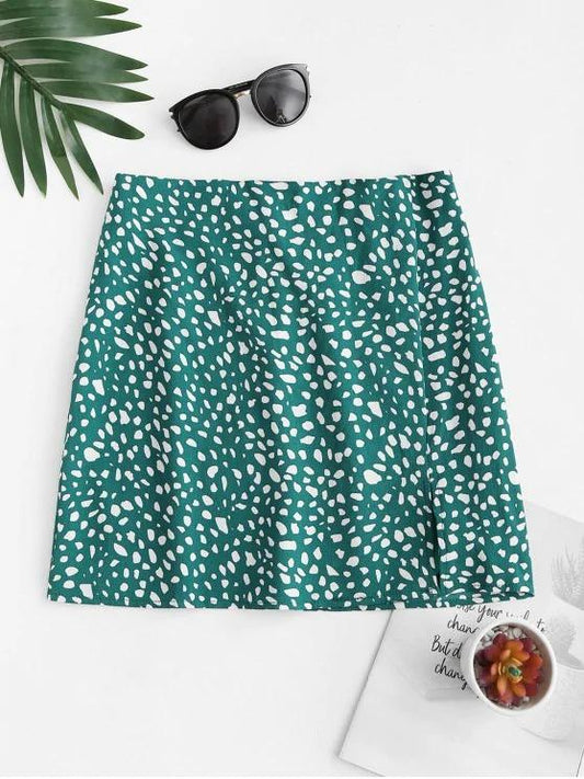 Front Slit Dalmatians Print Mini Skirt temp2021461211 S / Green