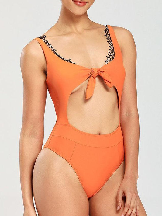Front Tie Cutout With Lace One-Piece Bikini SWI210406136ORAS Orange / S