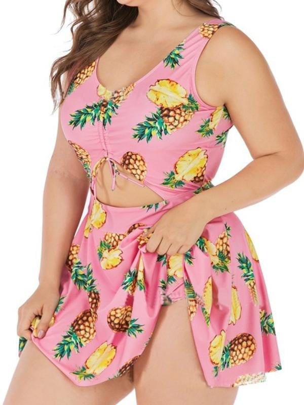 Fruit Print Hollow Out Plus Size One Piece Swimsuit for Women