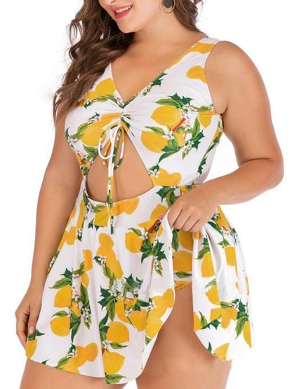 Fruit Print Hollow Out Plus Size One Piece Swimsuit for Women