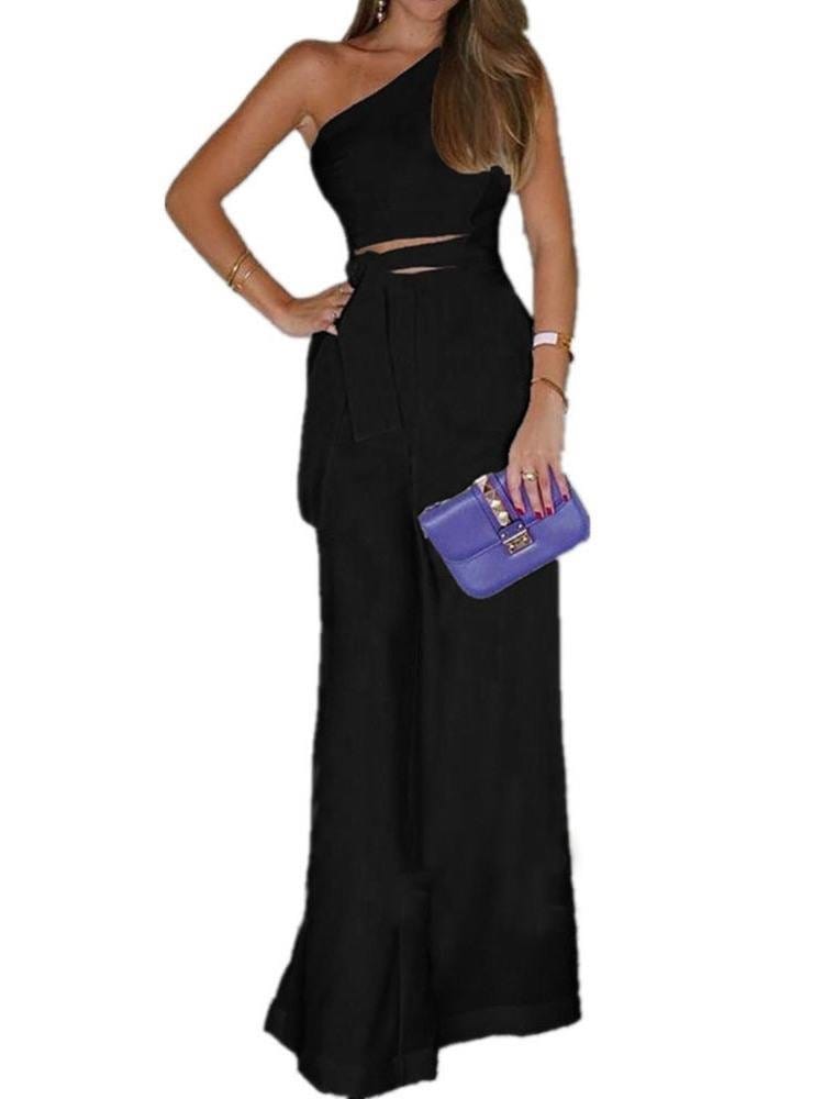 Full Length Plain Asymmetric Wide Legs Women's Jumpsuit JUM210301119BLAS Black / S