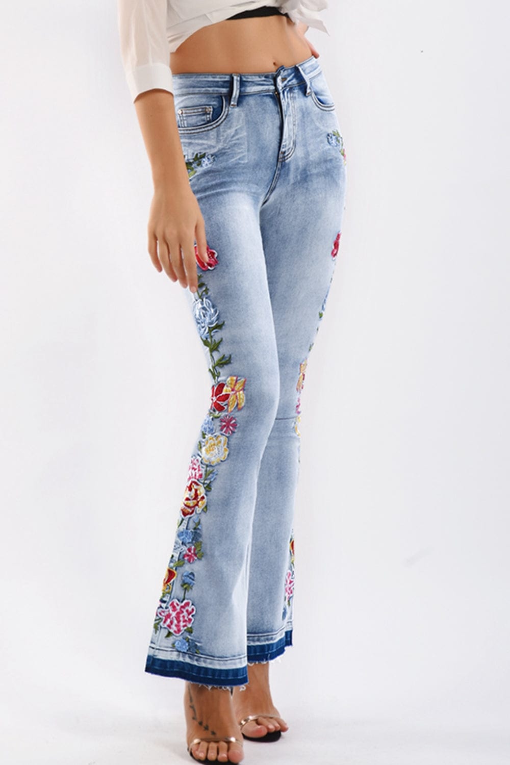 Full Size Flower Embroidery Wide Leg Jeans MS231013016290FS Light / S
