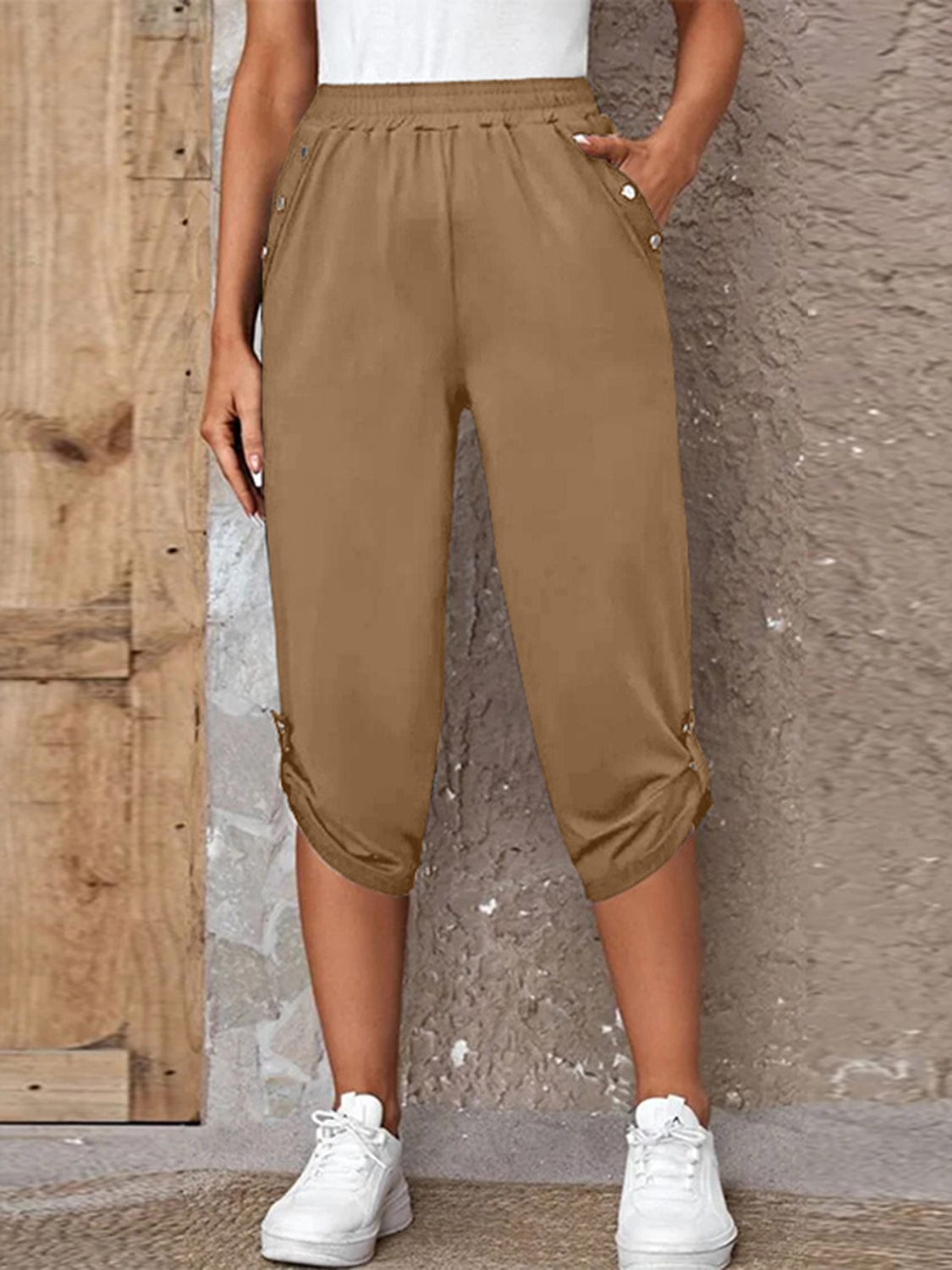 Full Size Roll-Tab Capris Pants MS231013008326FS Camel / S