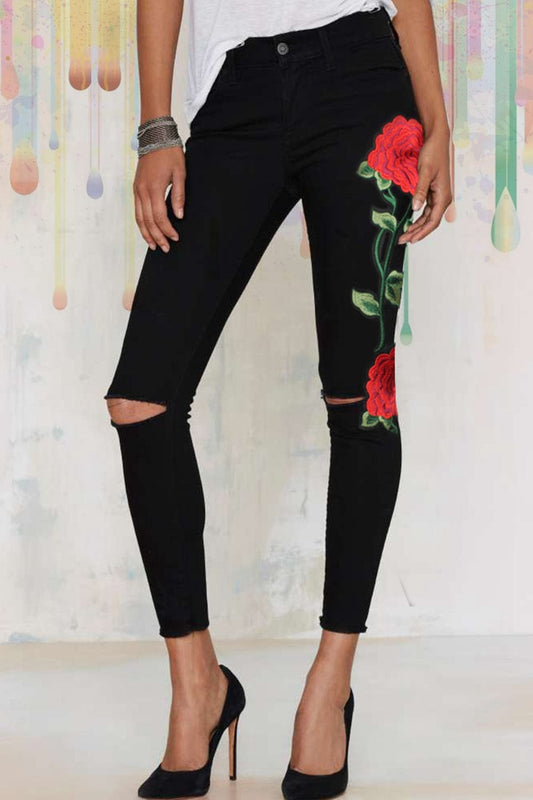 Full Size Rose Embroidery Cutout Jeans MS231013024522FS Black / S
