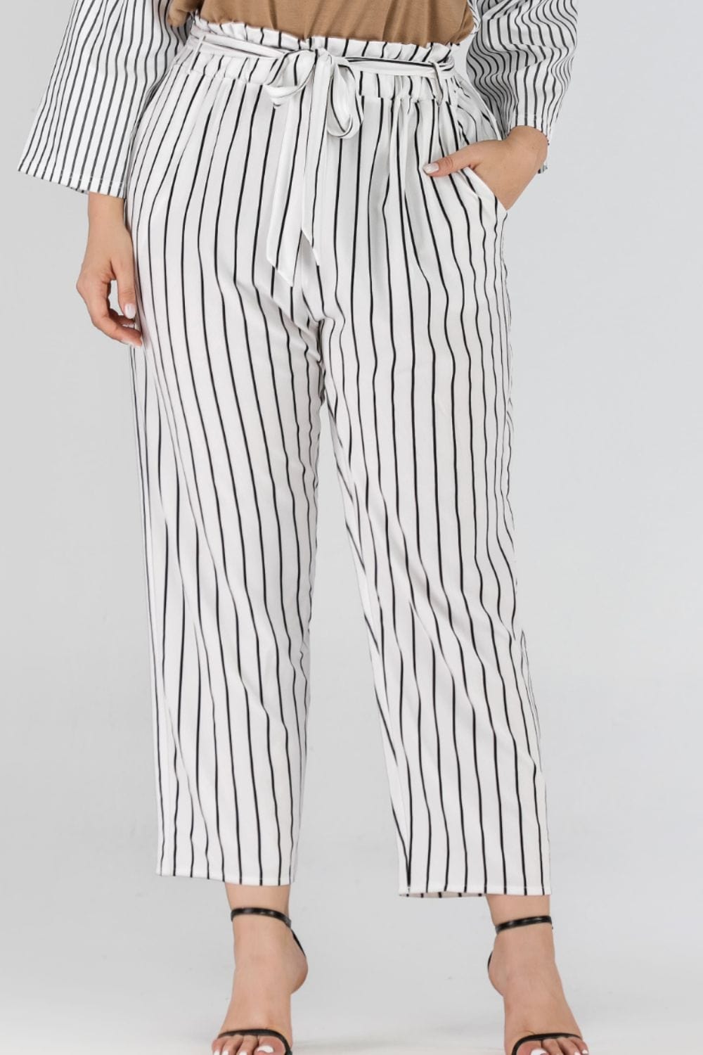 Full Size Striped Paperbag Waist Cropped Pants MS231013006984FS White / S