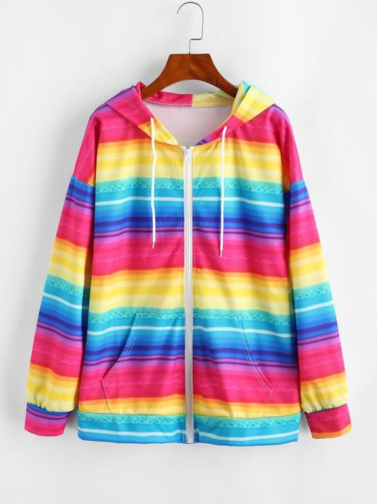 Full Zip Pockets Rainbow Stripes Hoodie SWE210309173MULS Multicolor / S