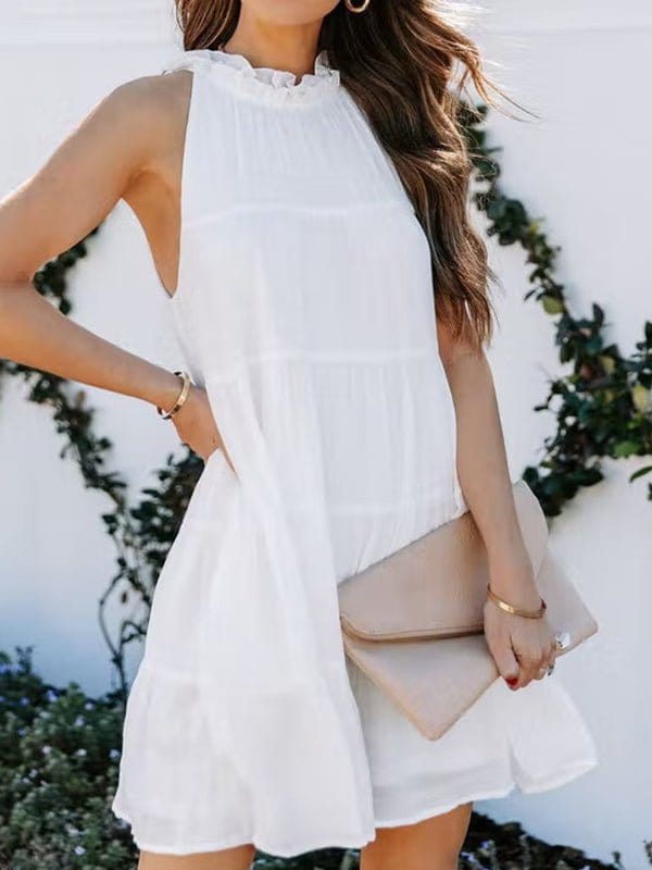 Fungus Collar Off-Shoulder Sleeveless Layered Mini Dress