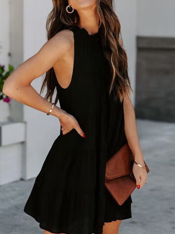 Fungus Collar Off-Shoulder Sleeveless Layered Mini Dress