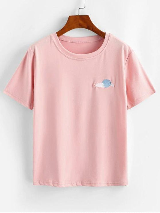 Funny Lightning Sun Cloud Moon Embroidered Tee TSH210311182PUR One-Size / Pink