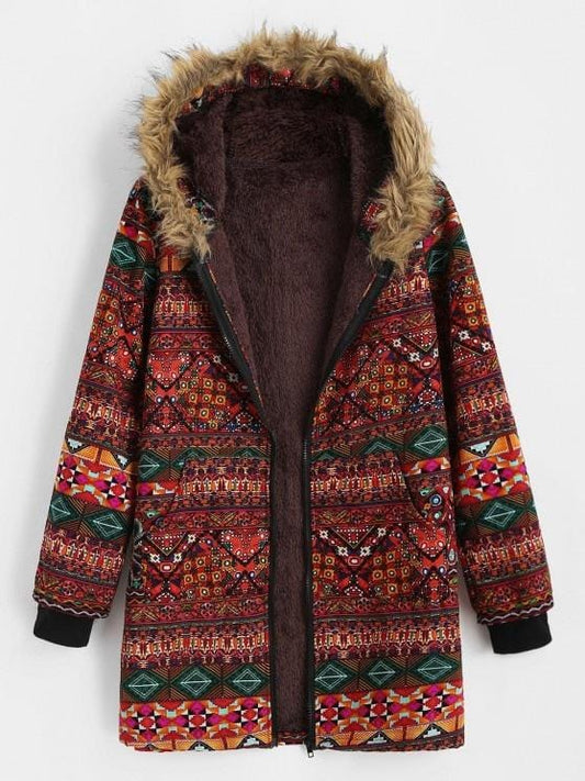 Fur Collar Fleece Lined Tribal Print Coat COA210308156REDS Red / S