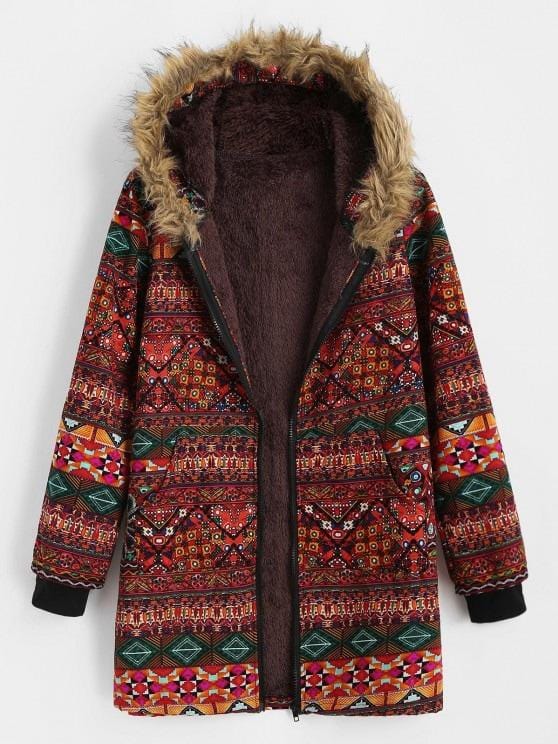 Fur Collar Fleece Lined Tribal Print Coat for Women