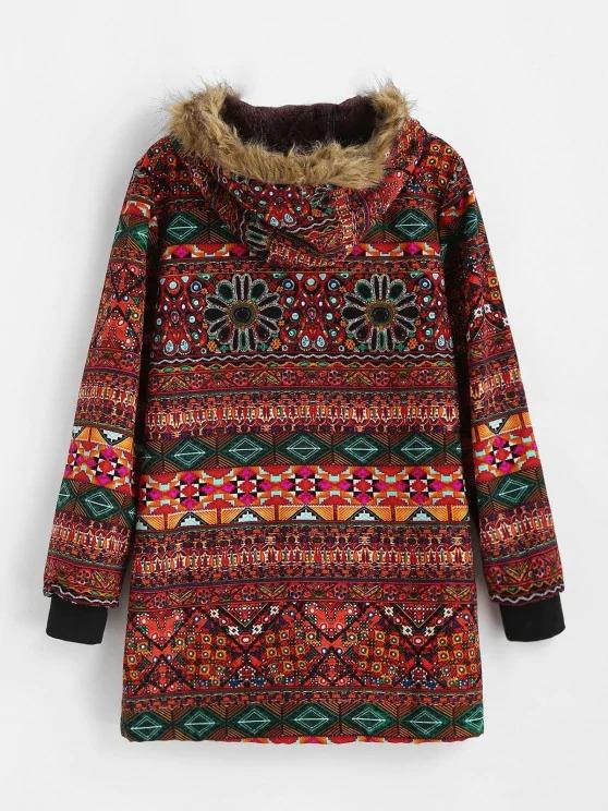 Fur Collar Fleece Lined Tribal Print Coat for Women