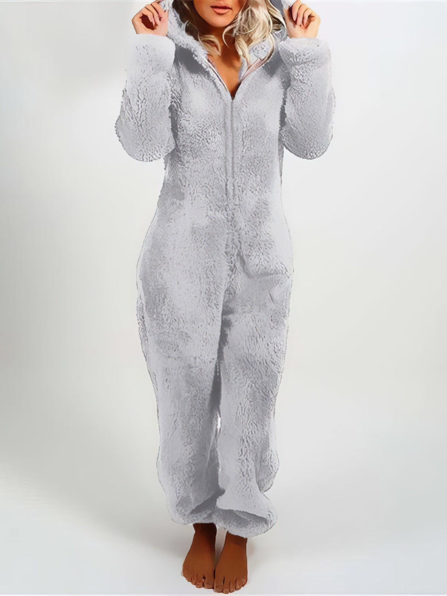 Furry Zipper Jumpsuit Hooded Pajamas