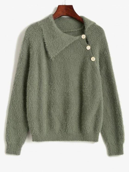 Fuzzy Knit Raglan Sleeve Buttoned Sweater SWE210313482GRE Green / One-Size