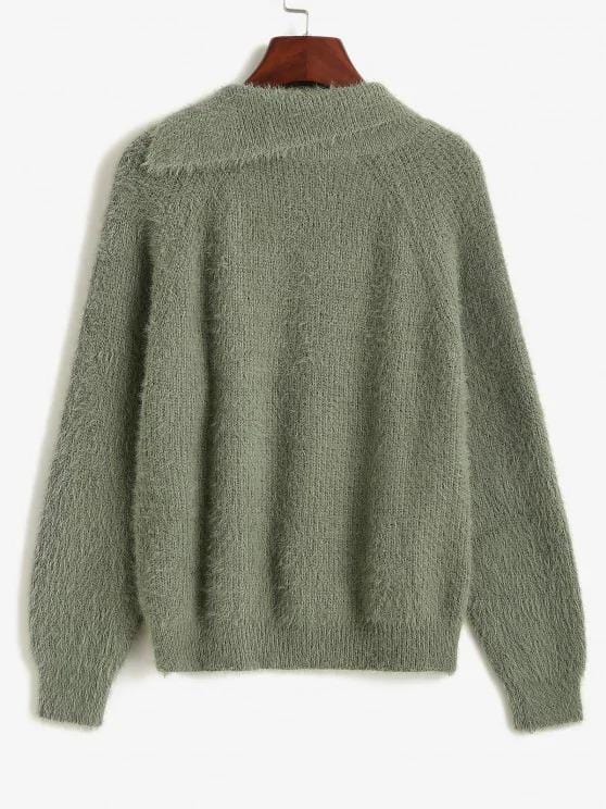 Fuzzy Knit Raglan Sleeve Buttoned Sweater SWE210313482GRE Green / One-Size