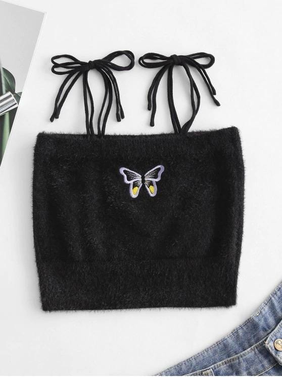 Fuzzy Tie Shoulder Butterfly Embroidered Crop Top TAN210310132BLAS Black / S