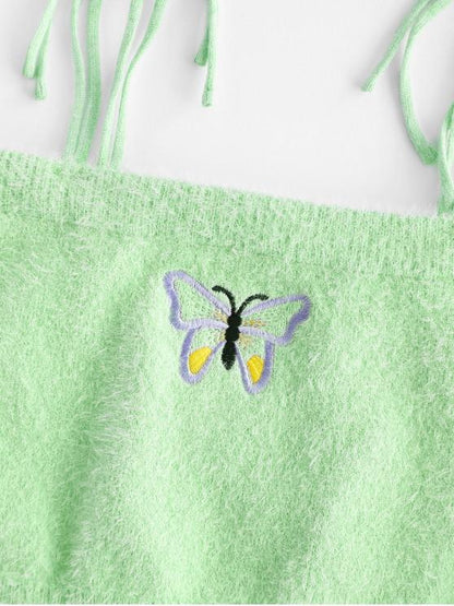 Fuzzy Tie Shoulder Butterfly Embroidered Crop Top