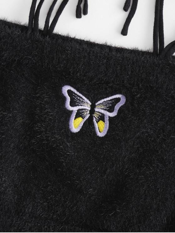 Fuzzy Tie Shoulder Butterfly Embroidered Crop Top for Women