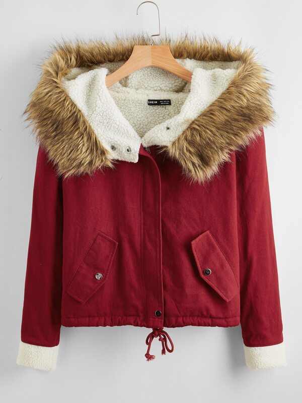 Fuzzy Trim Drawstring Hem Parka Jacket JAC210310083REDS S / Red