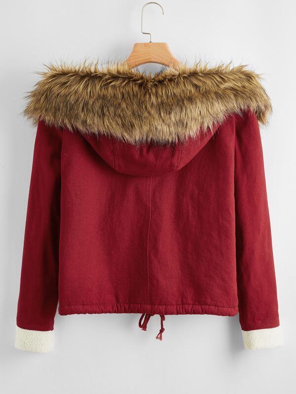 Fuzzy Trim Drawstring Hem Parka Jacket