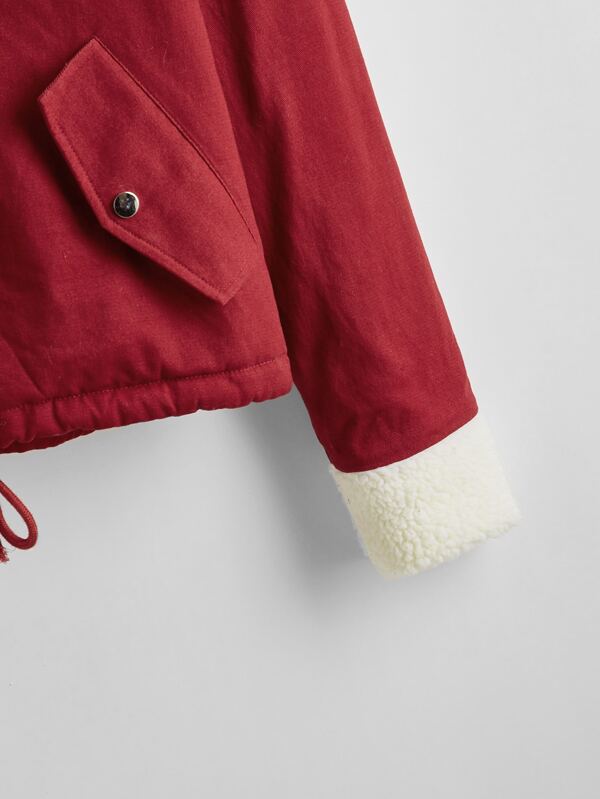 Fuzzy Trim Drawstring Hem Parka Jacket