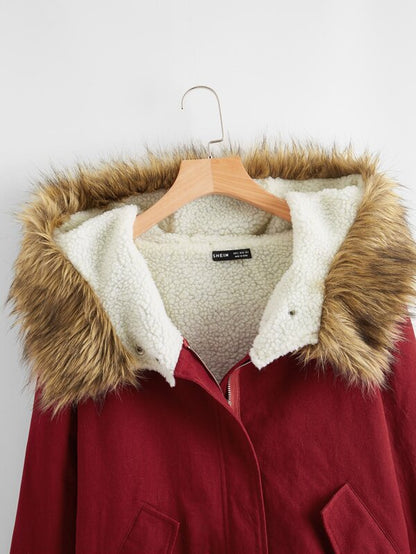 Fuzzy Trim Drawstring Hem Parka Jacket