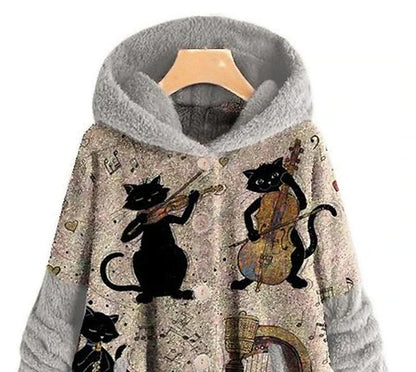 Women's Plus Size Teddy Coat Winter Coat Animal Cat Causal Holiday Long Sleeve Hooded Regular Winter Fall Gray L XL XXL 3XL 4XL