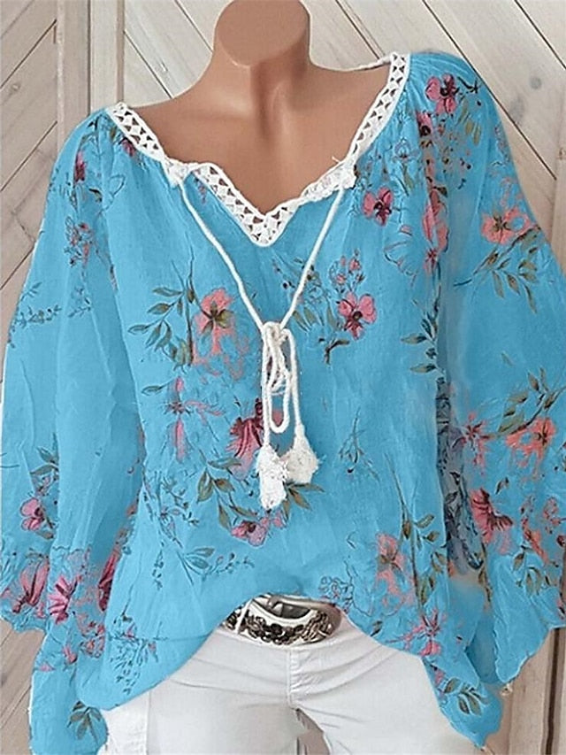 Women's Shirt Blouse White Pink Blue Floral Print Long Sleeve Daily Vacation Streetwear V Neck Regular Cotton Plus Size L - LuckyFash™