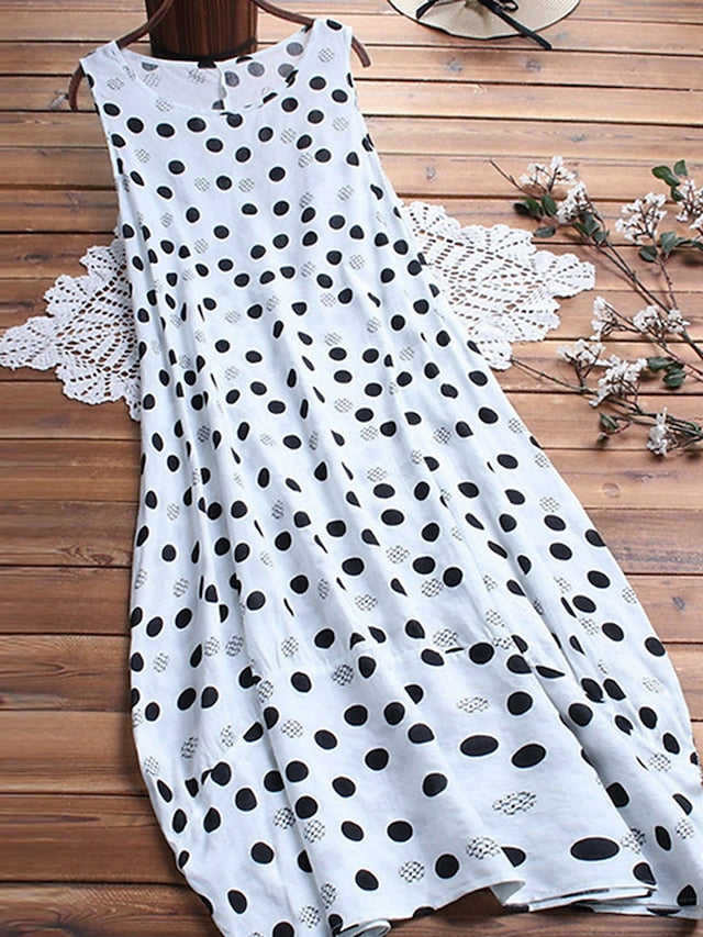 Women's Swing Dress Boho Dress Midi Dress Black White Yellow Sleeveless Polka Dot Print Spring Summer Crew Neck Hot 2023 S M L XL XXL 3XL 4XL 5XL - LuckyFash™