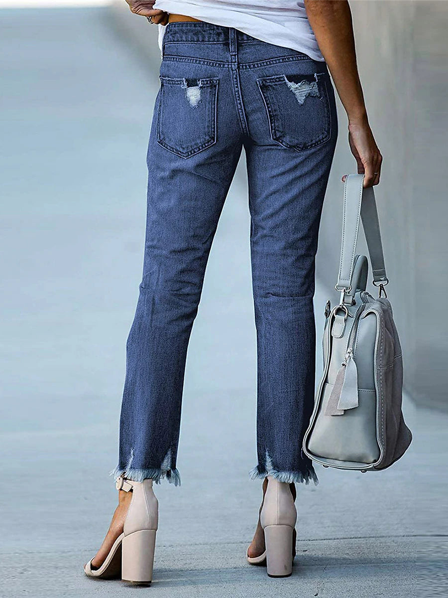 Women‘s Low Rise Jeans Skinny Pants Trousers Full Length Denim Ripped Micro-elastic Mid Waist Fashion Streetwear Street Daily Black Dark navy S M Fall Winter