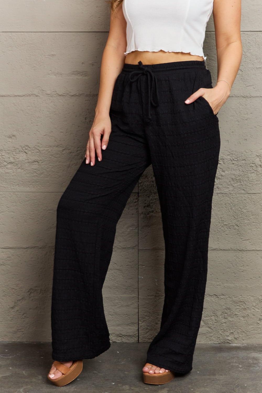 GeeGee Dainty Delights Textured High Waisted Pant in Black MS231013007174FS Black / S