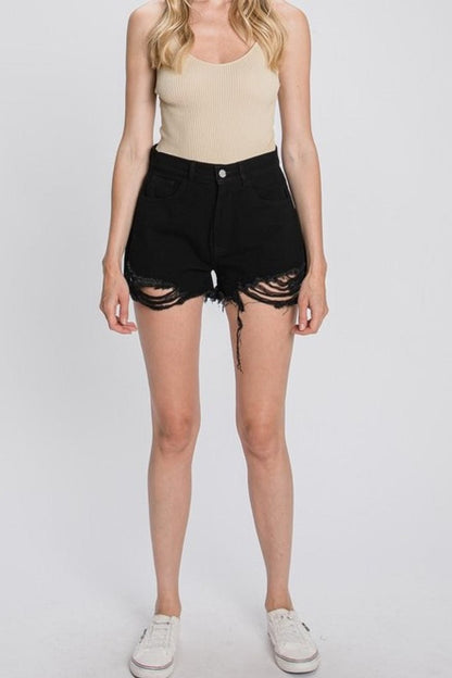 GeeGee Emily Plus High Waist Frayed Hemline Shorts in Black