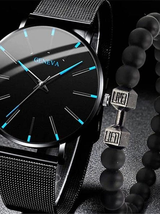 GENEVA Quartz Watch for Men Stylish Steampunk Casual Analog Quartz Wristwatch with Bracelet Set Waterproof PU Leather Watch LIBBe23JUL2322476SizeS #1 / S