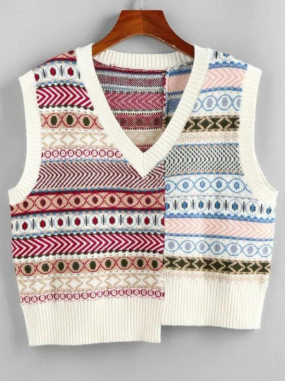 Geo Asymmetrical Patchwork Southwestern Sweater Vest temp2021911132 Multicolor / S