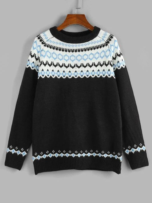 Geo Raglan Sleeve Jumper Sweater temp2021678375 Black / One-Size