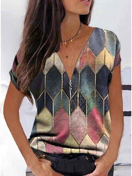 Geometric V-neck Casual T-shirt TSH2106180402PINS Pink / S