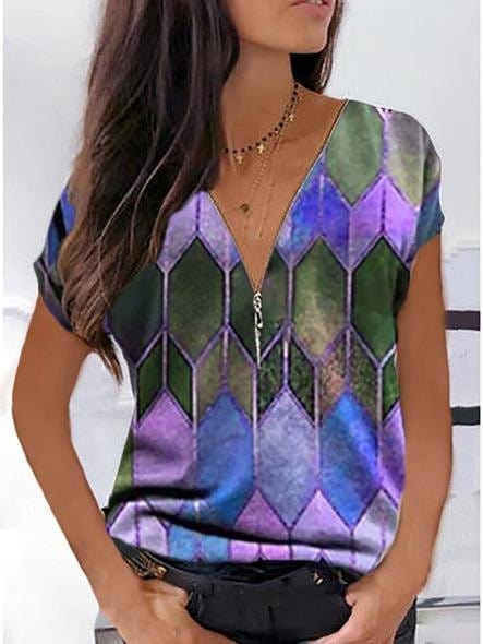 Geometric V-neck Casual T-shirt TSH2106180402PURS Purple / S