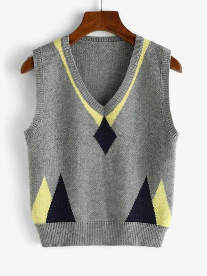 Geometry V Neck Sweater Vest for Women SWE210313499GRE Grey / One-Size