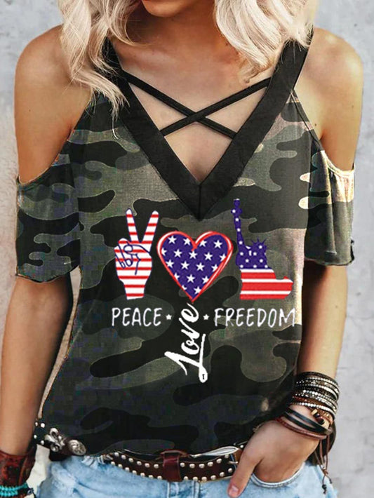 Gesture Love Stars and Stripes Print Strap V-neck Cross T-shirt TSH210523555CAMS Camouflage / S