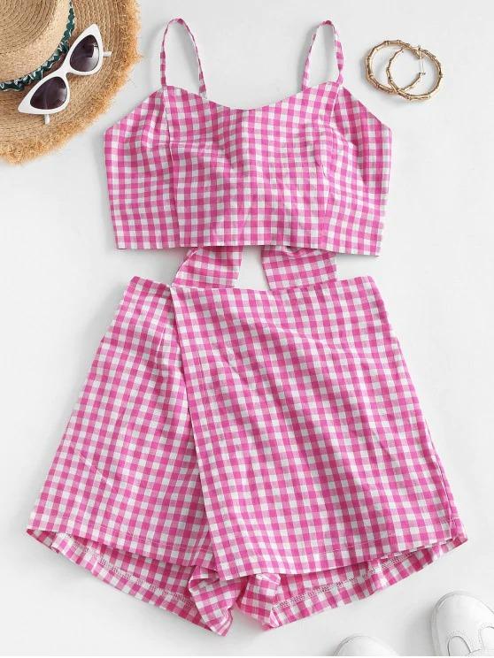 Gingham Back Knot Co Ord Set for Women temp2021991213 Pink / M