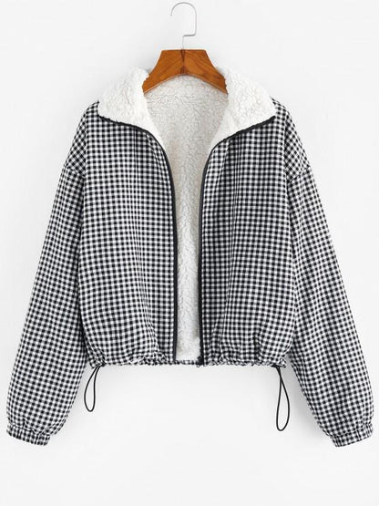 Gingham Drop Shoulder Faux Fur Lining Coat COA210206051BLAS S