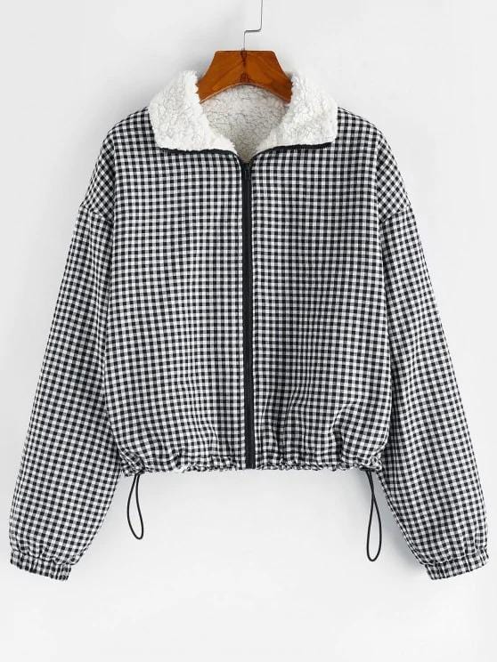 Gingham Drop Shoulder Faux Fur Lining Coat