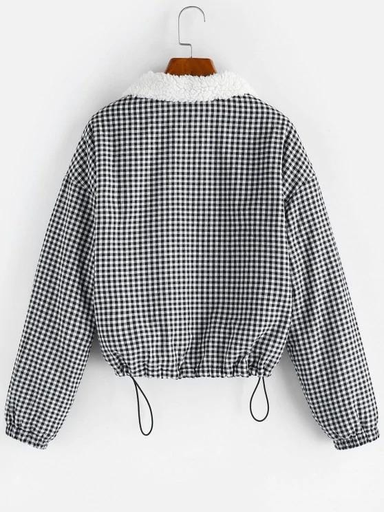 Gingham Drop Shoulder Faux Fur Lining Coat