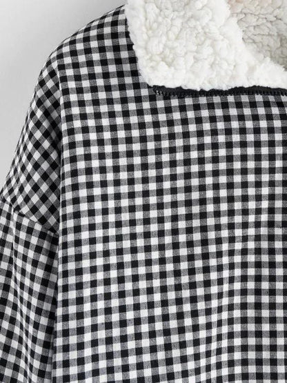 Gingham Drop Shoulder Faux Fur Lining Coat