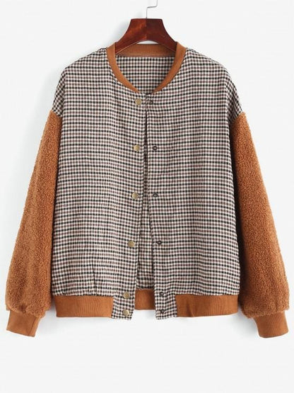 Gingham Faux Shearling Teddy Baseball Jacket for Women