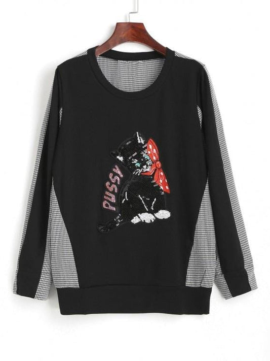 Gingham Sequined Cat Ribbed Sweatshirt SWE2103091392XL 2XL