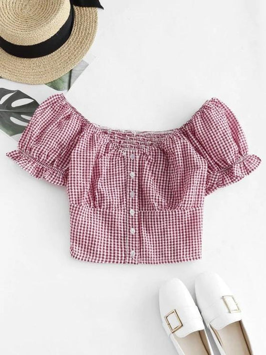 Gingham Smocked Button Up Ruffle Crop Blouse BLO210227115REDS Red / S